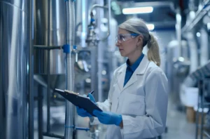 Pracownica laboratorium z próbką cieczy